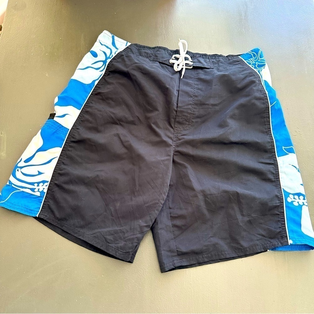 PT Sports Wear Vintage Board Shorts Swim Trunks Blue Floral Black Hawaiian XL